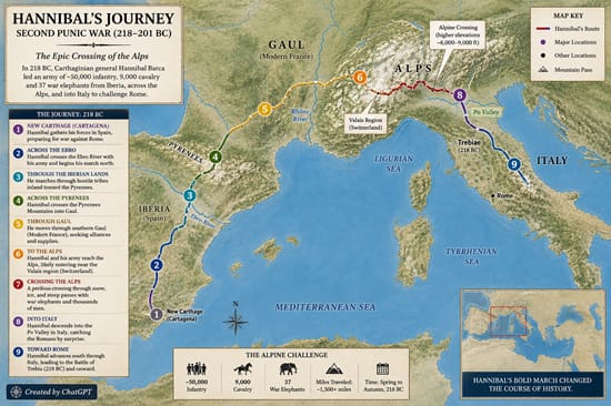 Hannibal's route through the Alps into Italy